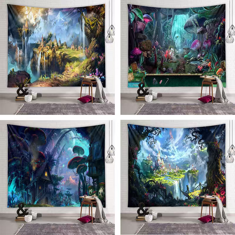 Enchanted Fantasy Forest Tapestry | Magic Castle Giant Mushroom Wall Hanging Decor