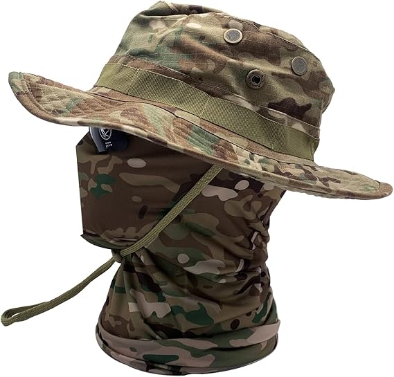 Black Python Camo Boonie Hat & Neck Gaiter 2Pcs Set, Wide Brim Tactical Sun Hat with Matching Snake Skin Pattern Face Cover for Hunting Fishing Outdoor Sports