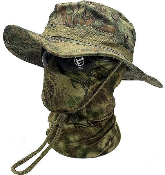 Black Python Camo Boonie Hat & Neck Gaiter 2Pcs Set, Wide Brim Tactical Sun Hat with Matching Snake Skin Pattern Face Cover for Hunting Fishing Outdoor Sports