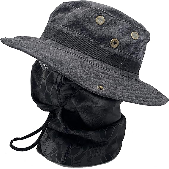 Black Python Camo Boonie Hat & Neck Gaiter 2Pcs Set, Wide Brim Tactical Sun Hat with Matching Snake Skin Pattern Face Cover for Hunting Fishing Outdoor Sports