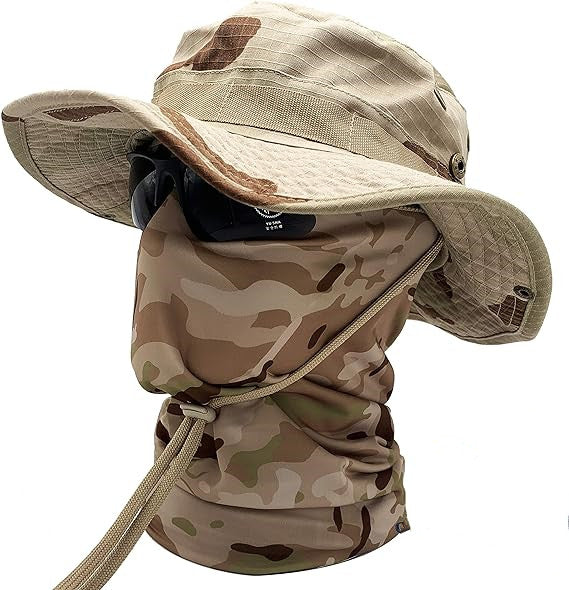 Black Python Camo Boonie Hat & Neck Gaiter 2Pcs Set, Wide Brim Tactical Sun Hat with Matching Snake Skin Pattern Face Cover for Hunting Fishing Outdoor Sports