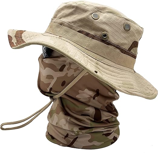 Black Python Camo Boonie Hat & Neck Gaiter 2Pcs Set, Wide Brim Tactical Sun Hat with Matching Snake Skin Pattern Face Cover for Hunting Fishing Outdoor Sports