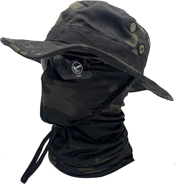 Black Python Camo Boonie Hat & Neck Gaiter 2Pcs Set, Wide Brim Tactical Sun Hat with Matching Snake Skin Pattern Face Cover for Hunting Fishing Outdoor Sports