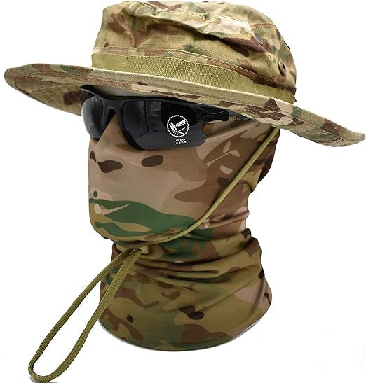 2 in 1 Camo Boonie Hat & Neck Gaiter Set, Wide Brim Tactical Bucket Hat with Detachable Sun Protection Face Cover for Hunting Fishing Outdoor