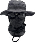 Black Python Camo Boonie Hat & Neck Gaiter 2Pcs Set, Wide Brim Tactical Sun Hat with Matching Snake Skin Pattern Face Cover for Hunting Fishing Outdoor Sports