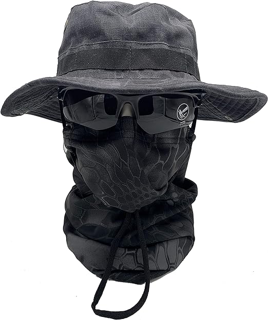 Black Python Camo Boonie Hat & Neck Gaiter 2Pcs Set, Wide Brim Tactical Sun Hat with Matching Snake Skin Pattern Face Cover for Hunting Fishing Outdoor Sports